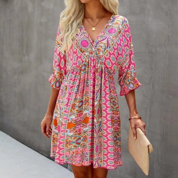 Multi Print Wrap Neck Tie Back Dress Pink - Picture 3 of 4